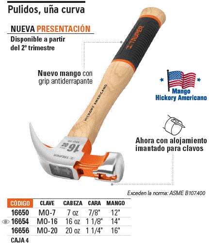 Martillo pulido 7 oz uña curva, mango hickory, Truper Grip / 16650-