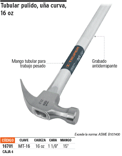 Martillo tubular pulido 16 oz uña curva, Truper / 16701-