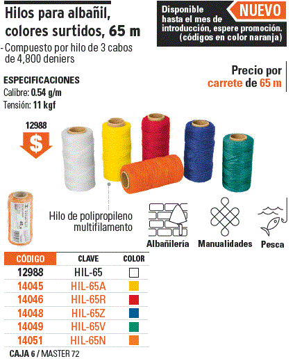 Carrete con 65 m de hilo para albañil rojo, Truper / 14046-