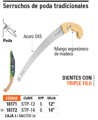 Serrucho de poda 14" hoja curva 6 DPP, mango madera, Truper / 18172-