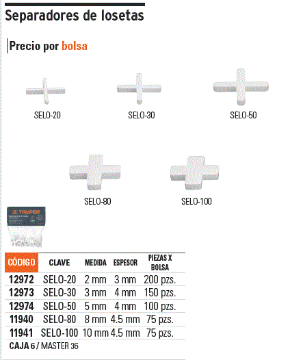 Bolsa con 200 separadores de 2 mm de losetas, Truper / 12972-