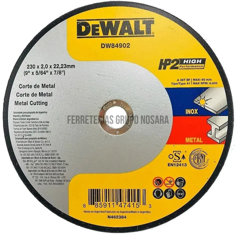 Disco de corte abrasivo para metal 9" x 2.0 mm plano uso pesado HP2 Dewalt DW84902-106567-885911474153