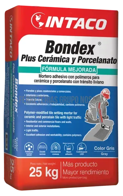 MORTERO ADHESIVO BONDEX PLUS CERÁMICA Y PORCELANATO SACO 25 KG INTACO (GRIS)-
