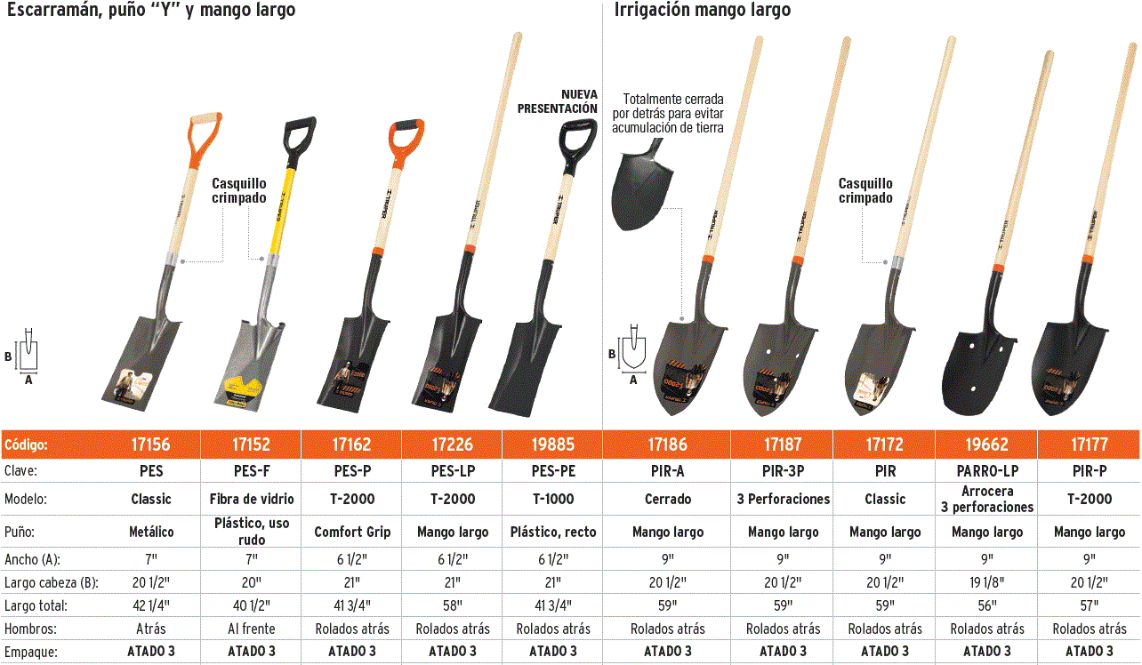 Pala irrigación T-2000, mango largo 45", Truper / 17177-