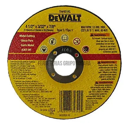 DISCO DE CORTE ABRASIVO PARA METAL 4-1/2" X 2.3 MM PLANO DEWALT DW4518C-5895-028877353425