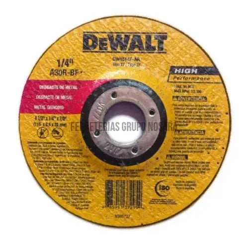 Disco abrasivo para desbaste de metal 4-1/2" x 6.35 mm conico Dewalt DW4514F-6034-7501045106328