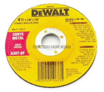 Disco de corte abrasivo para metal 4-1/2" x 3.1 mm conico Dewalt DW4518F-6289-7501045106335