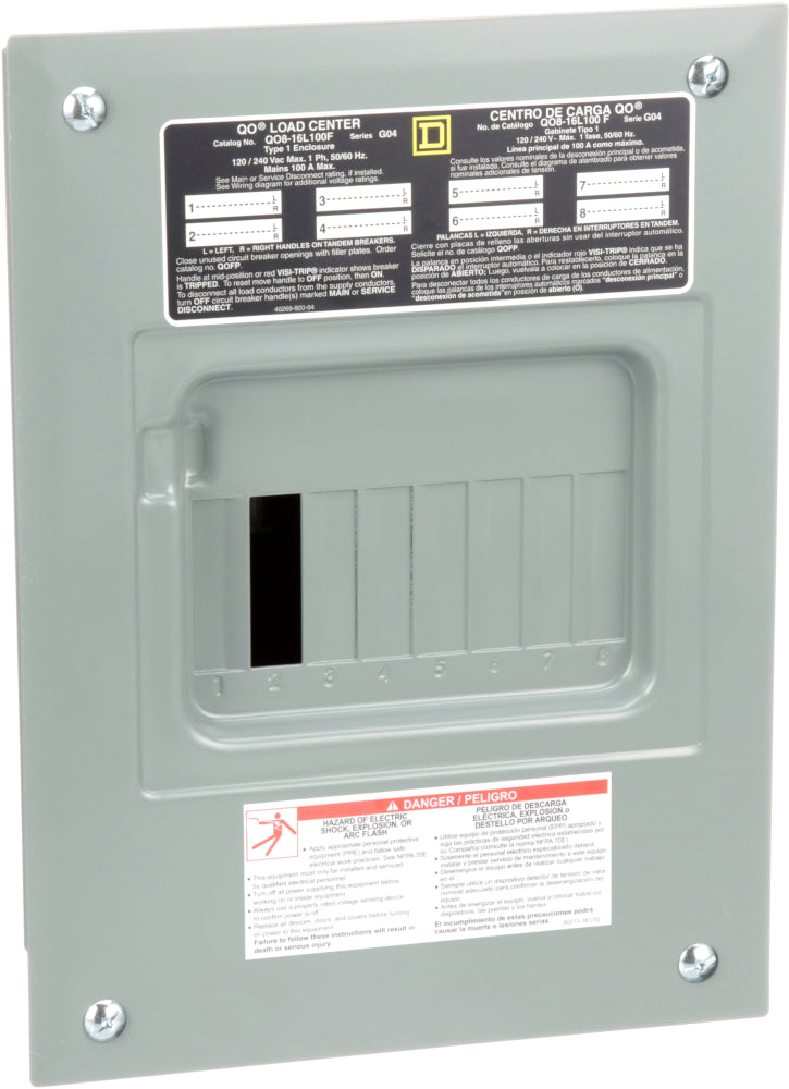 Centro de carga de empotrar 8-16 circuitos 100A 120/240V UL Square D QO816L100F