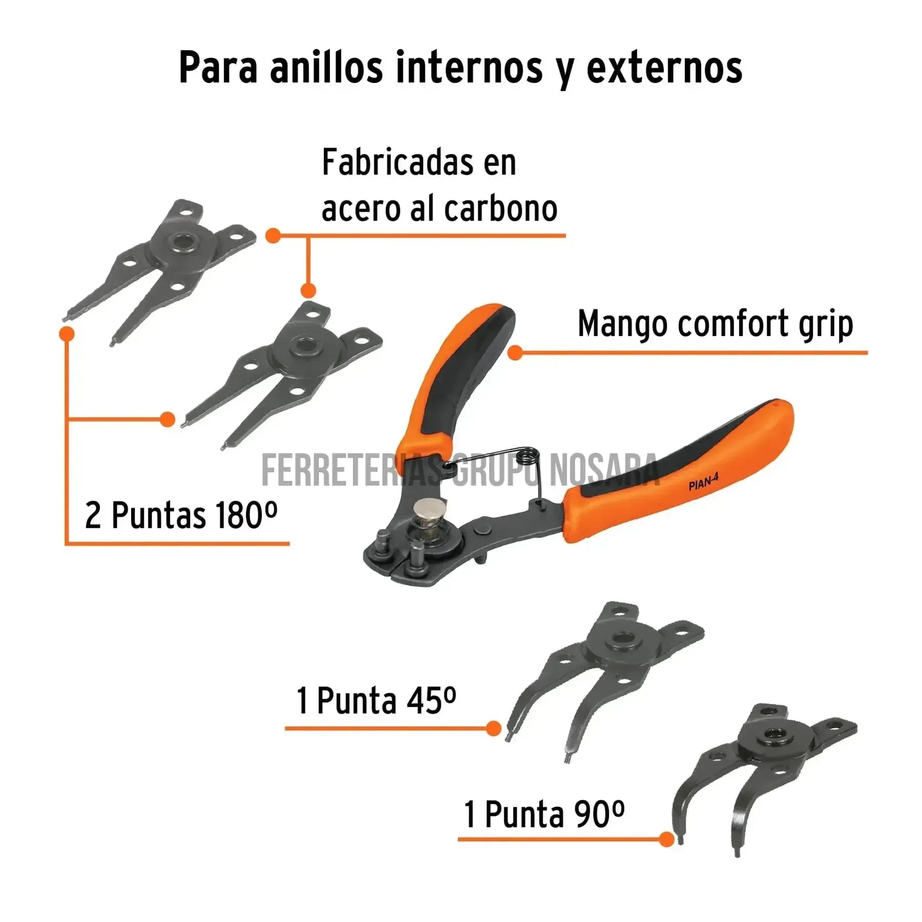 Alicate para anillos de retención 6" 4 cabezas intercambiables / 17355-
