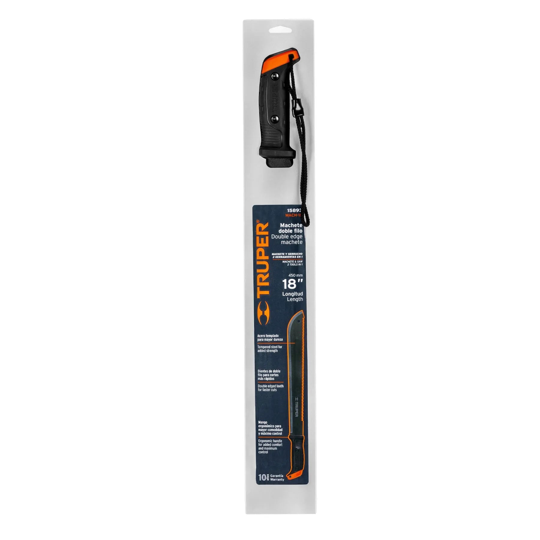 Double edged machete 18", with strap, cardboard sheath, Truper / 15893