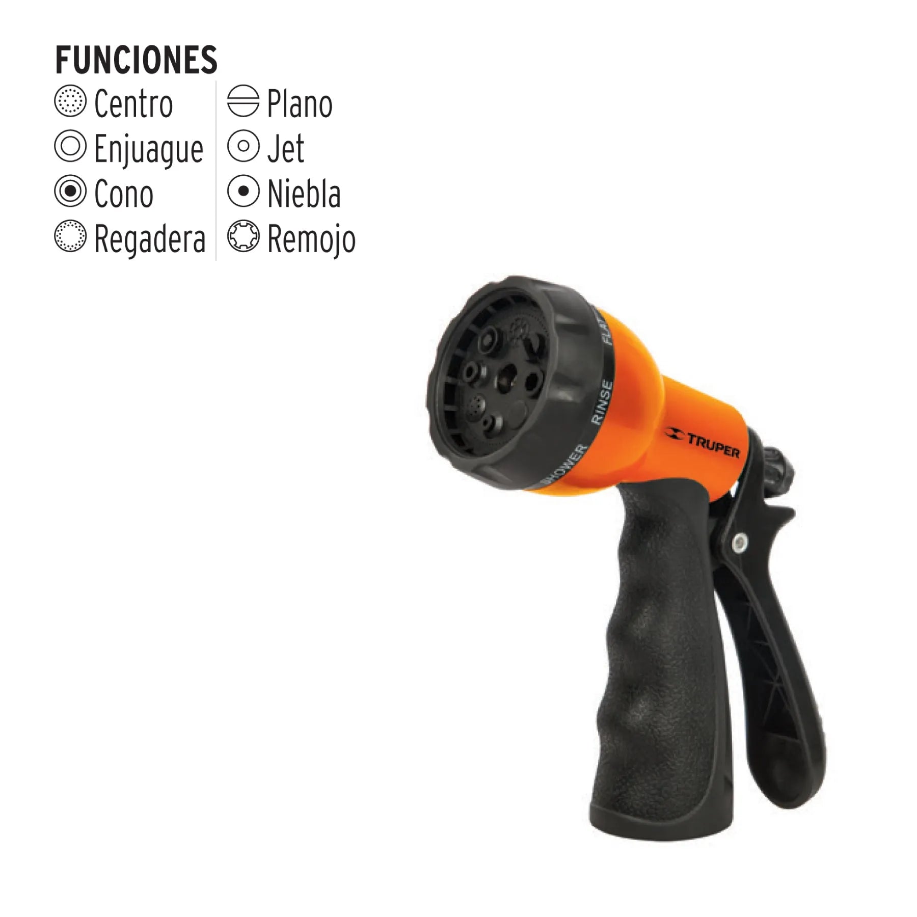 Pistola para riego de 8 funciones plástica con recubrimiento / 18482