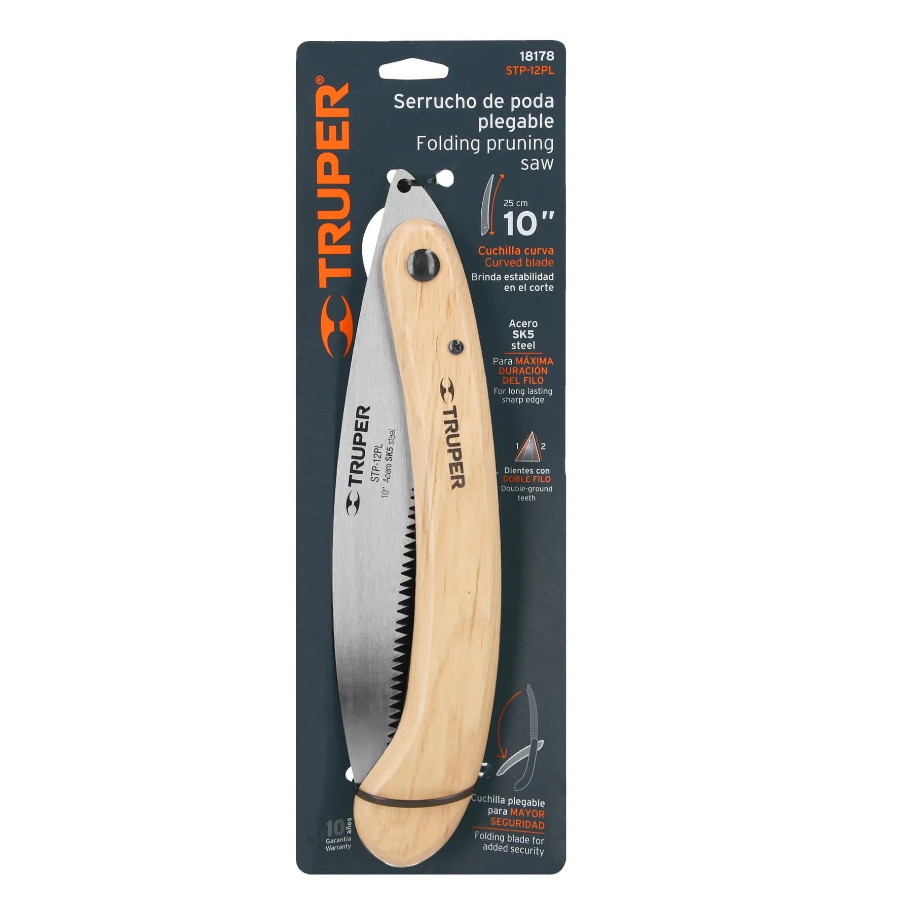 Serrucho plegable 10" hoja curva 6 DPP, mango madera, Truper / 18178-
