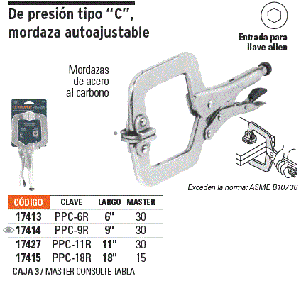 Pinza de presión 11' tipo 'C' con mordaza autoajustable / 17427-