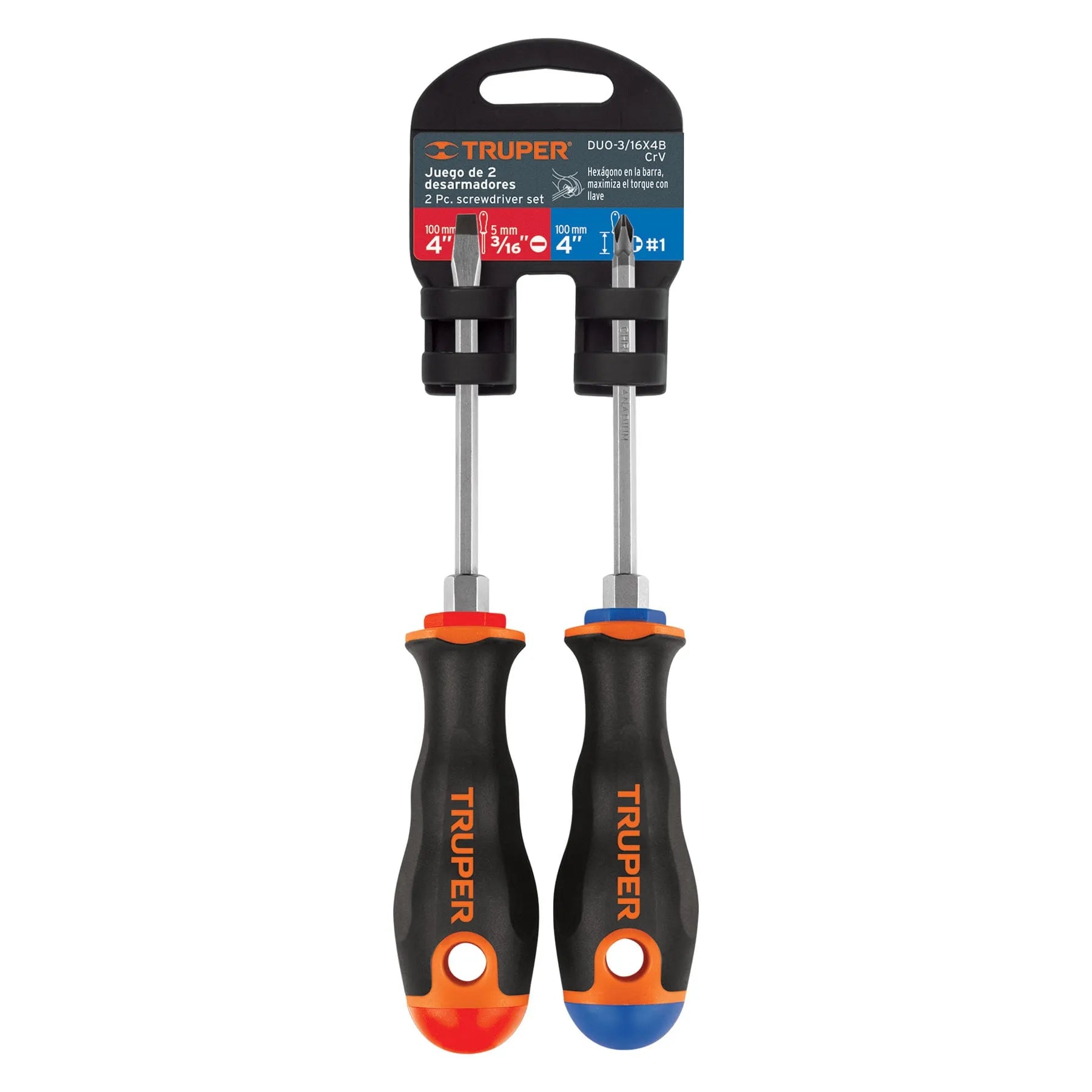 Dúo de desarmadores 3/16" x 4" mango Comfort Grip, Truper / 19623-