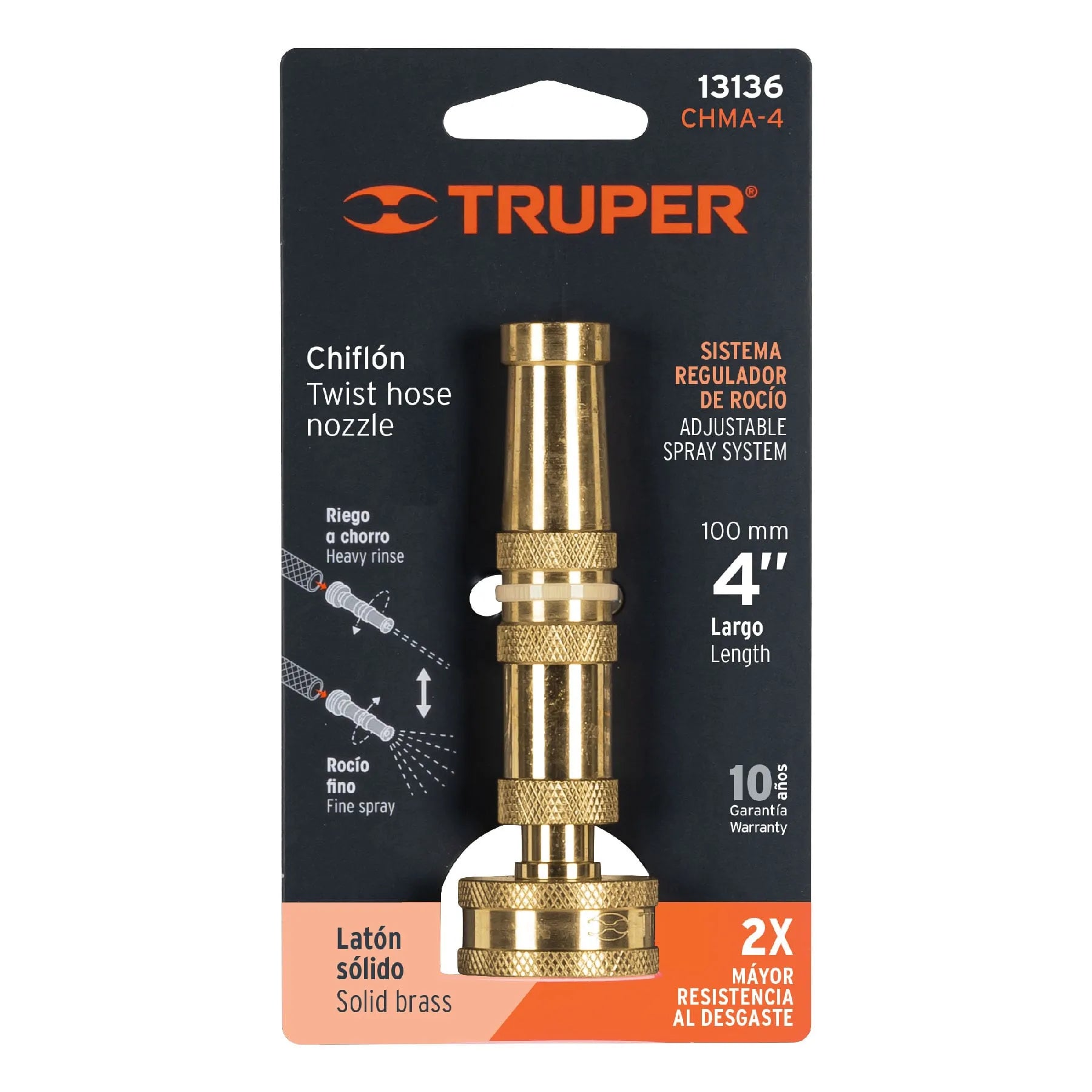 Chiflón 4" de latón maquinado para manguera, Truper / 13136