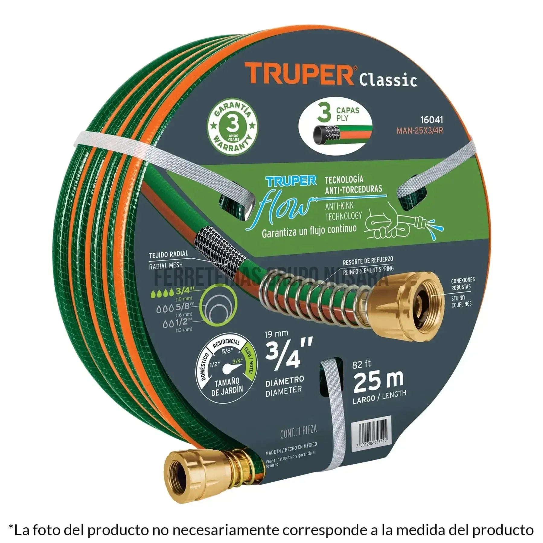 Manguera 1/2" reforzada 3 capas 10 m conexiones de metal / 16030-
