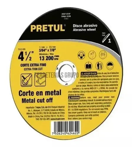Disco Para Corte Fino De Metal 4-1/2 1.2mm - Pretul 22344-