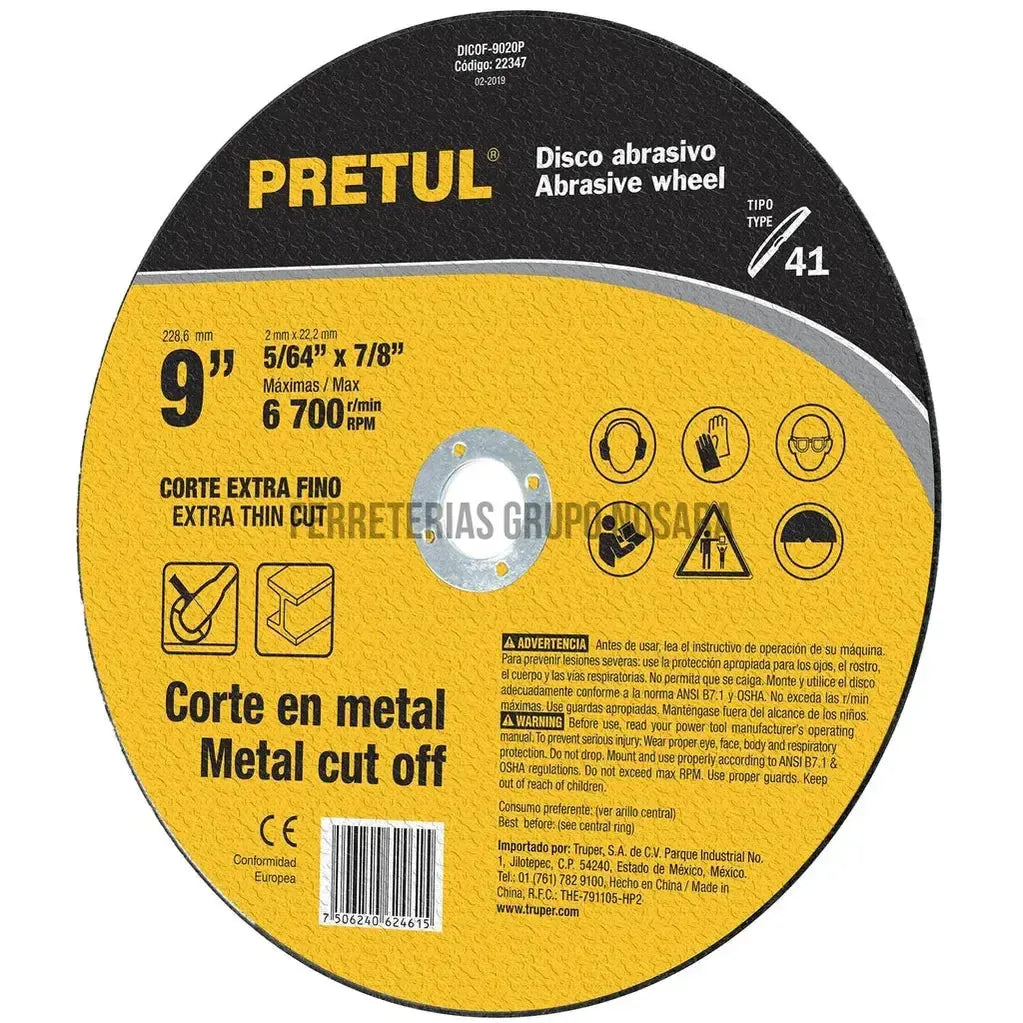 Disco Tipo 41 para corte fino de metal 9', 2 mm Pretul Pretul-