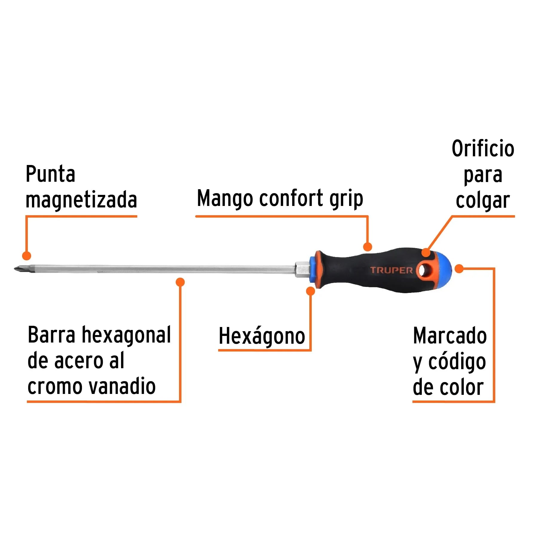 Desarmador de cruz 3/16" x 8" mango Comfort Grip, Truper / 14070-
