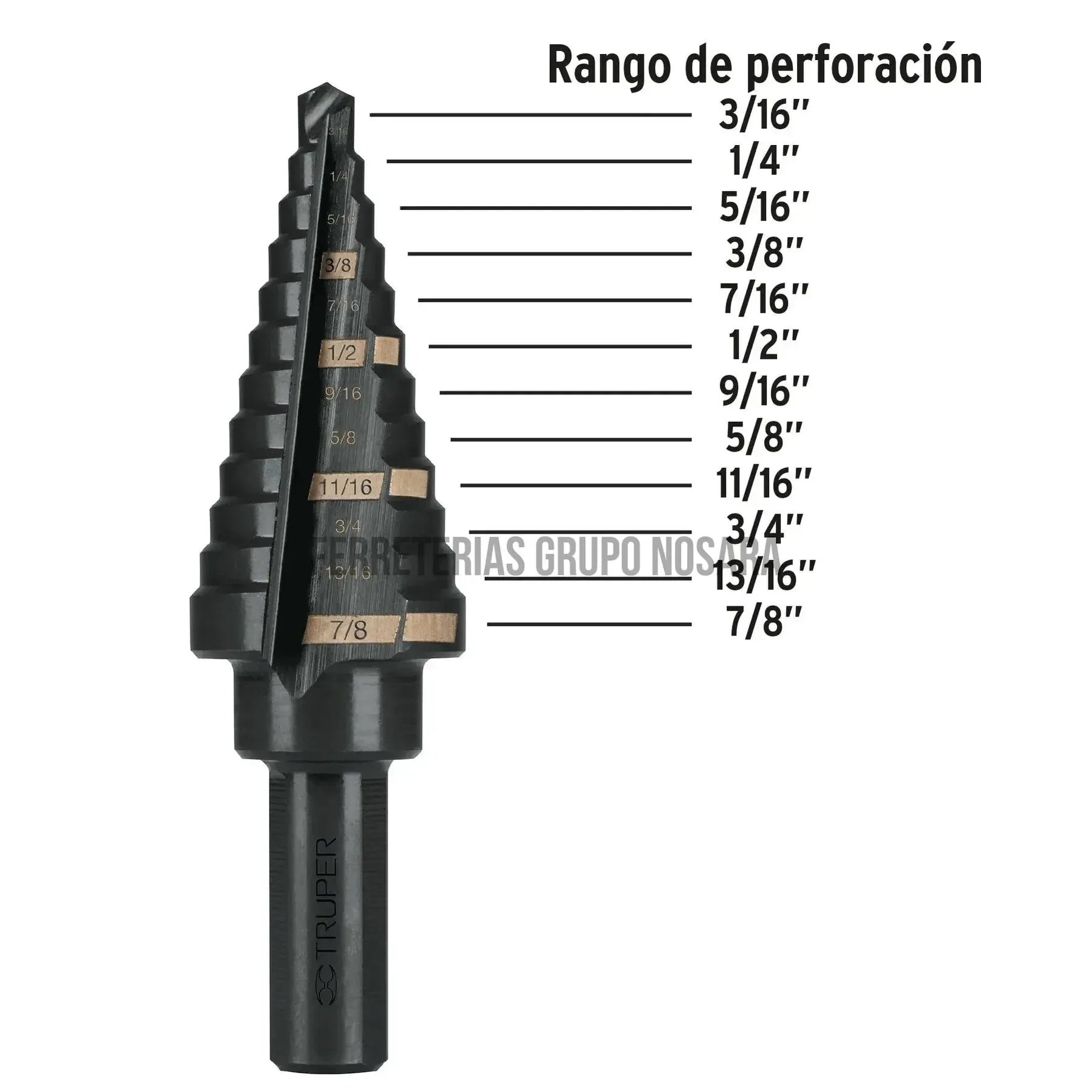 Broca escalonada óxido negro 12 escalones 3/16 a 7/8 TRUPER / 12125-