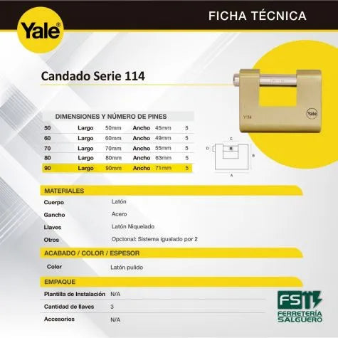 YALE CANDADO SEGURIDAD BRONCE P/CORTINA / Y114-90/127