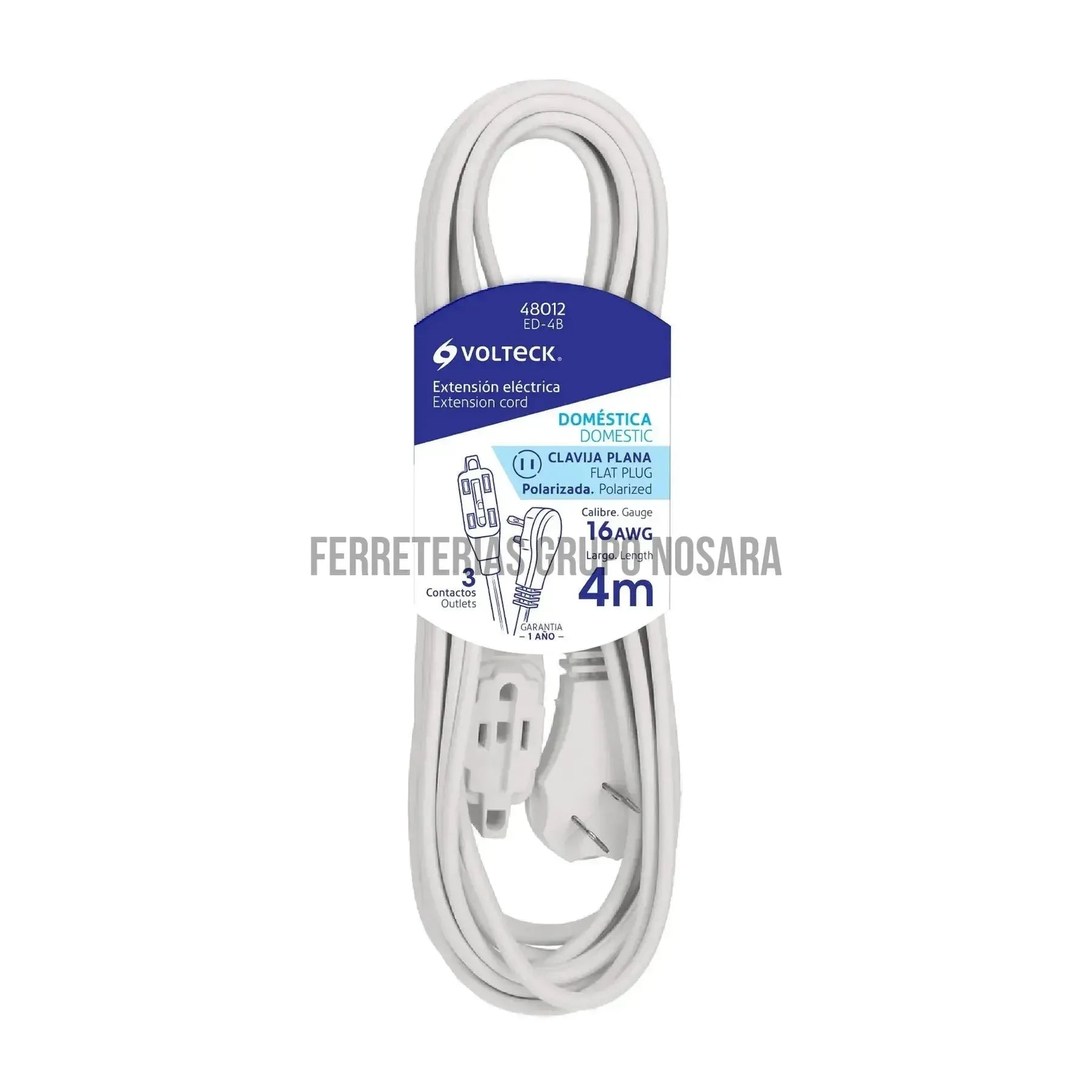 Extensión eléctrica doméstica 4 m blanca con clavija plana / 48012-