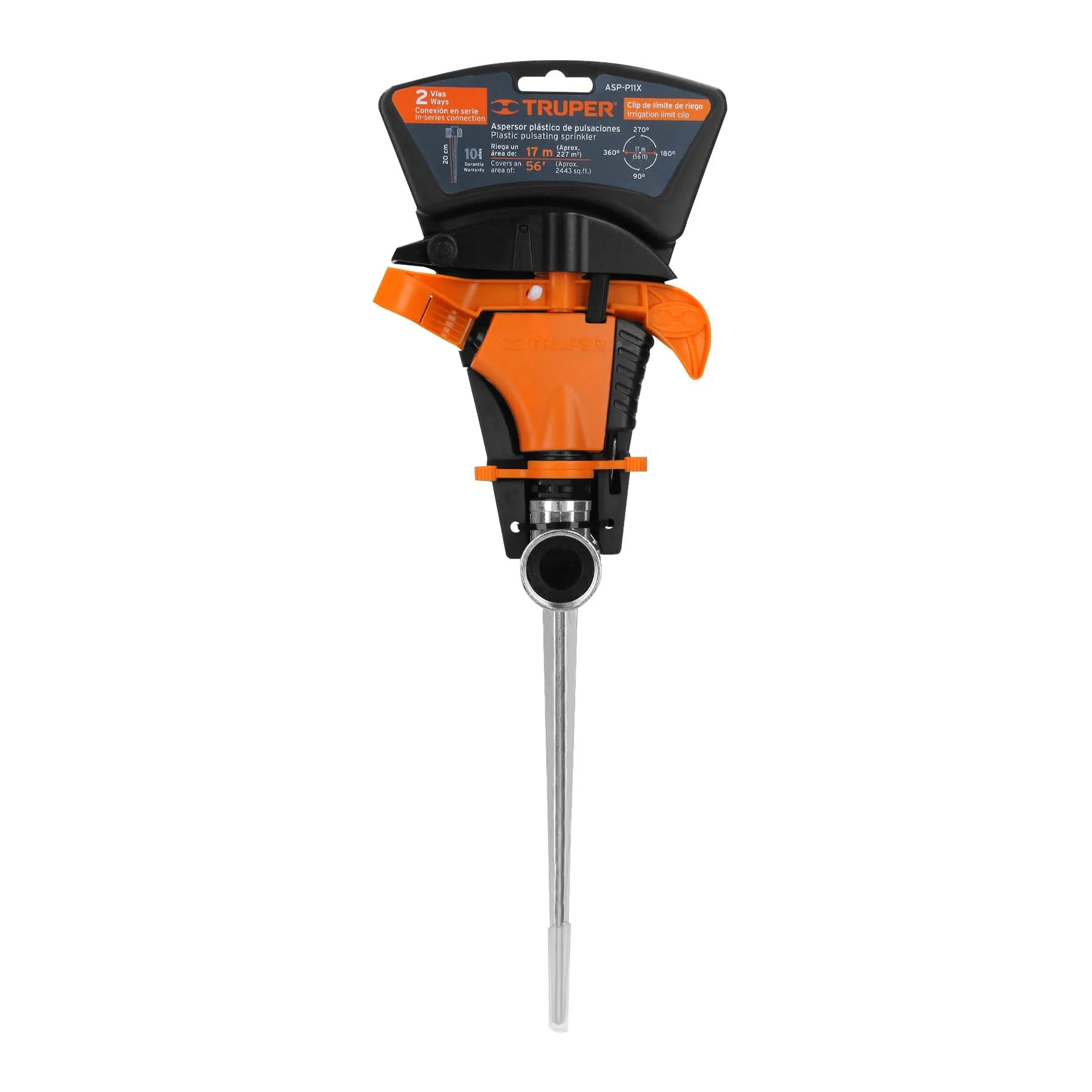 Aspersor plástico dos vías, estaca de 11", Truper / 10339