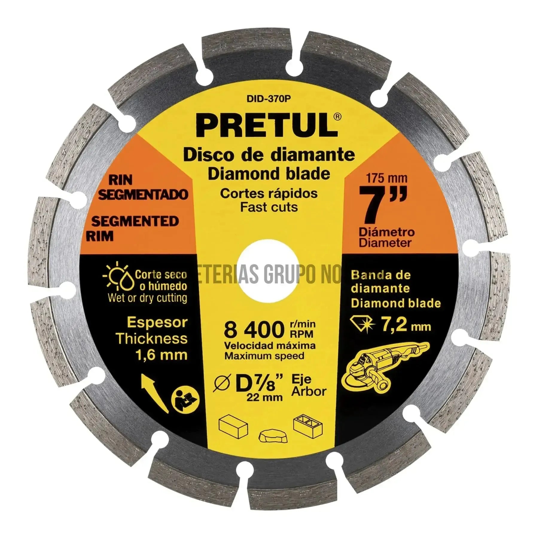 Disco de diamante de 7" x 1.6 mm rin segmentado, Pretul-
