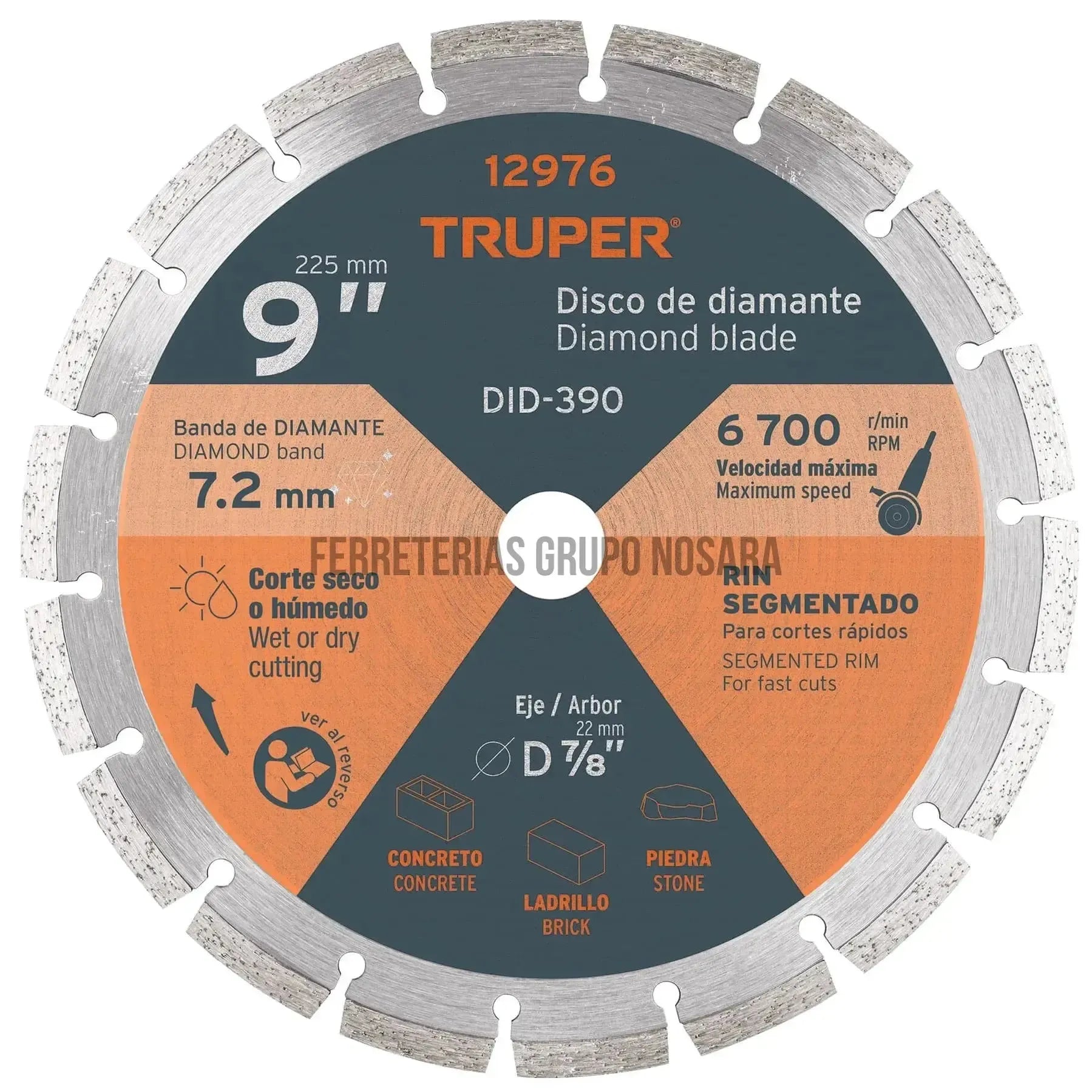 Disco de diamante de 9" x 2.7 mm rin segmentado, Truper / 12976-