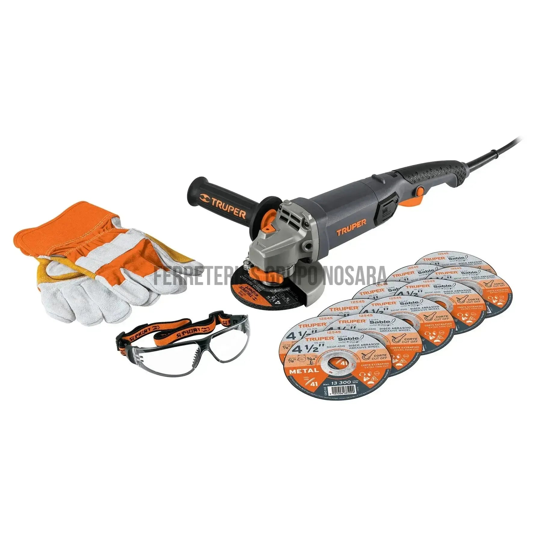 Esmeriladora 4-1/2" 950 W, discos, lentes y guantes, Truper / 101456-