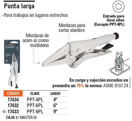 Pinza de presión 4', punta larga, Truper / 17434