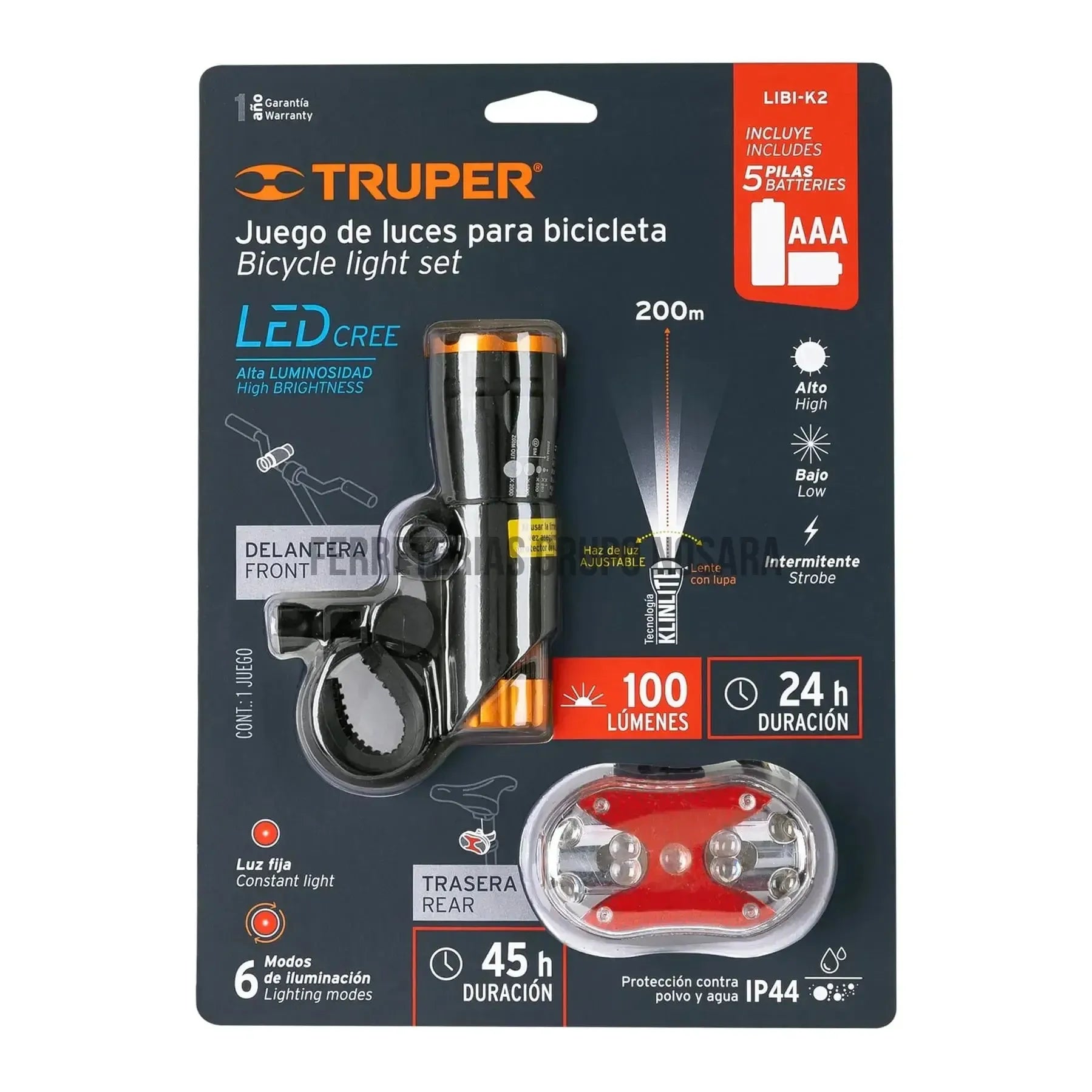 Juego de linterna delantera y trasera para bicicleta, Truper / 16798-