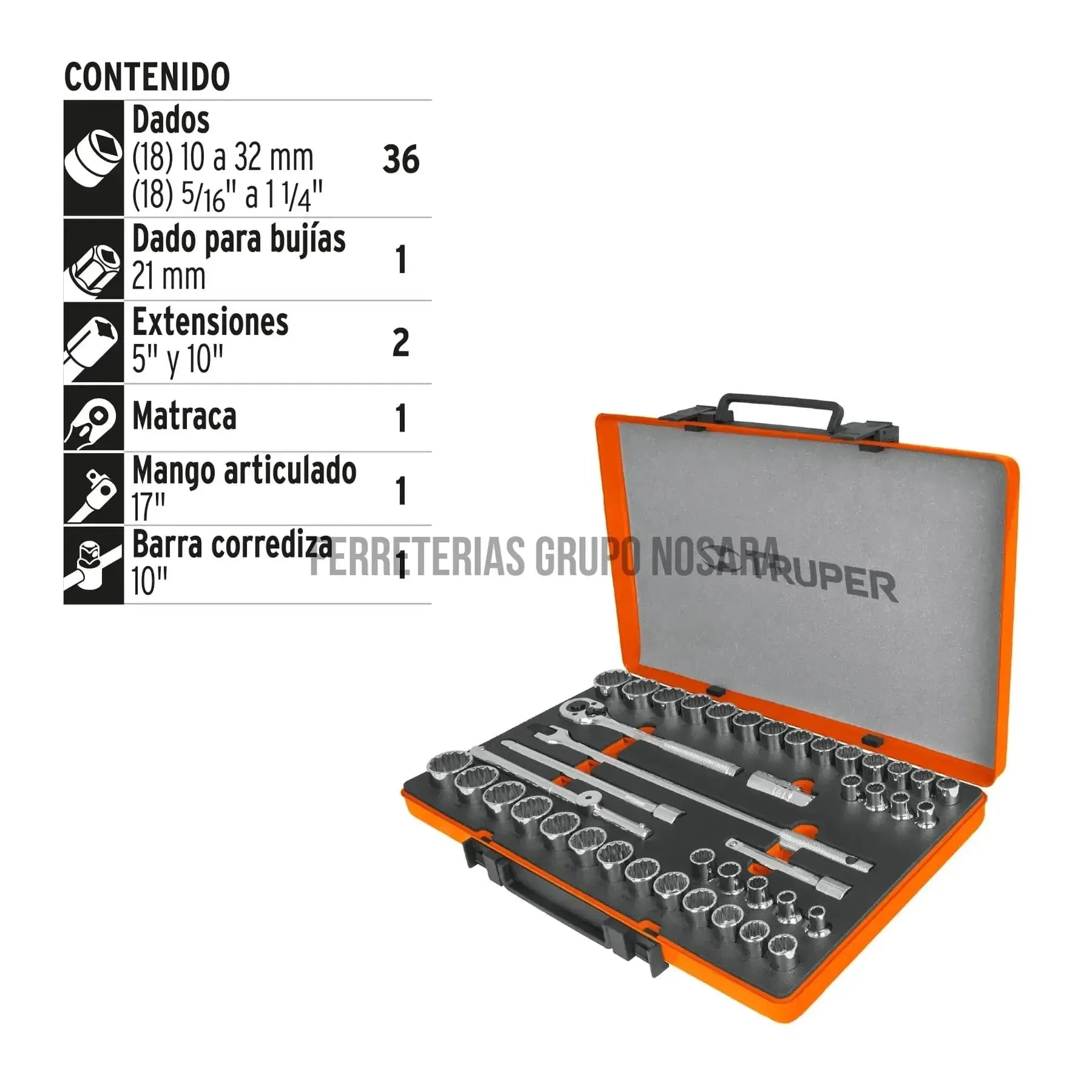 Juego de 42 herramientas cuadro 1/2" std y mm para mecánico / 13940-