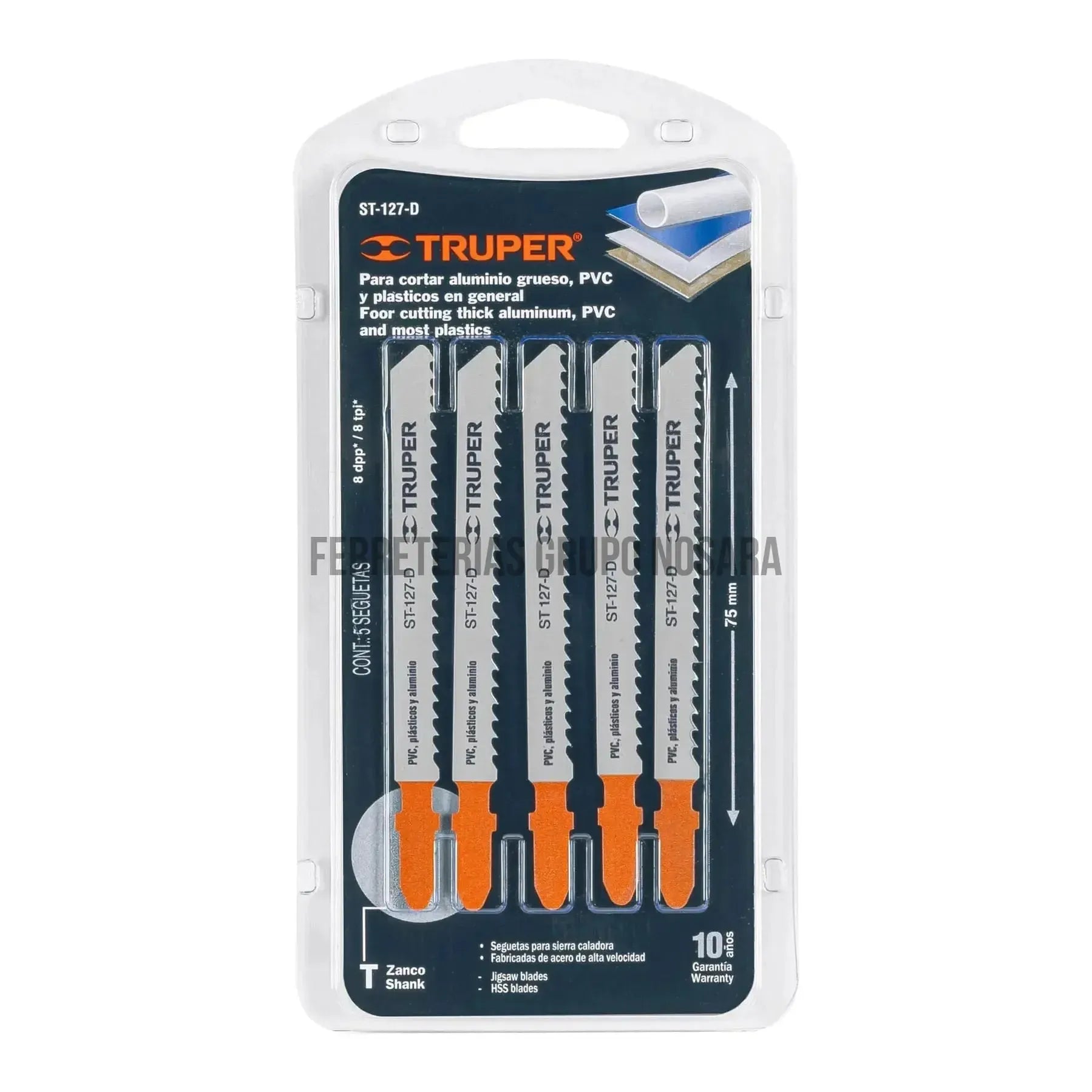 Blíster con 5 seguetas 8 DPP zanco "T" corte recto metal / 18132-
