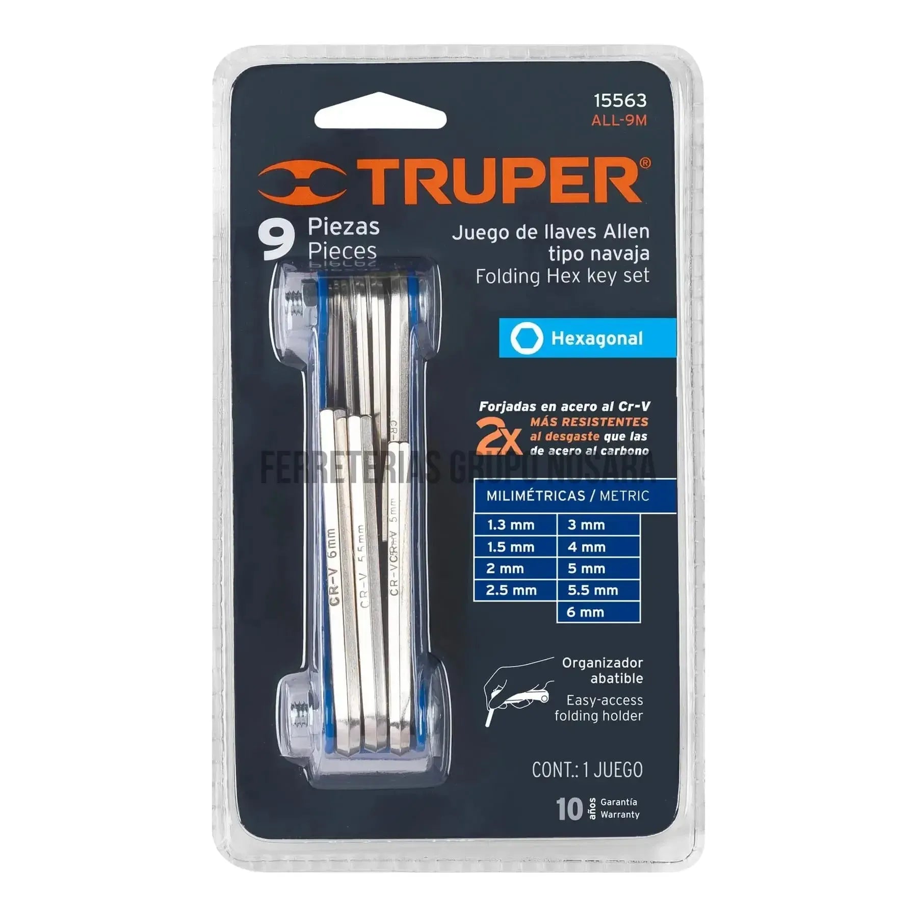 Juego de 9 llaves allen mm tipo navaja, cuerpo de lámina / 15563-