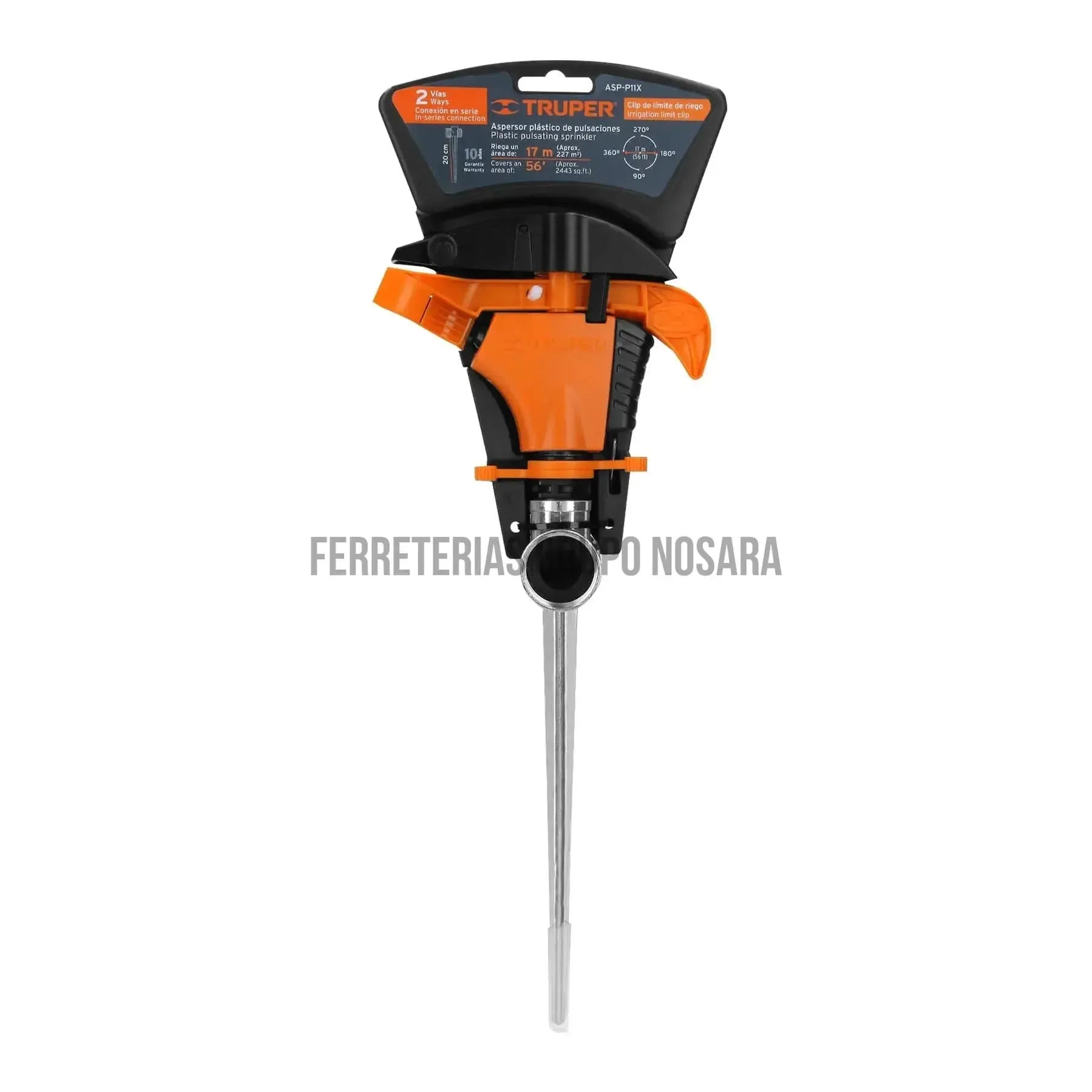 Aspersor plástico dos vías, estaca de 11", Truper / 10339-