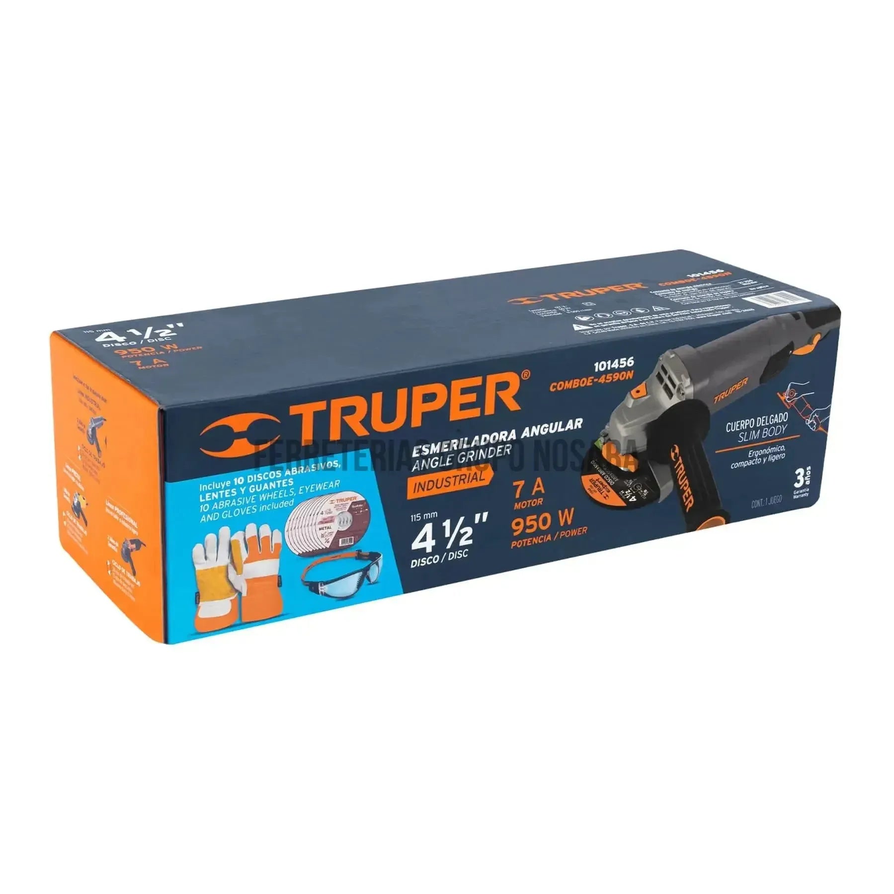 Esmeriladora 4-1/2" 950 W, discos, lentes y guantes, Truper / 101456-