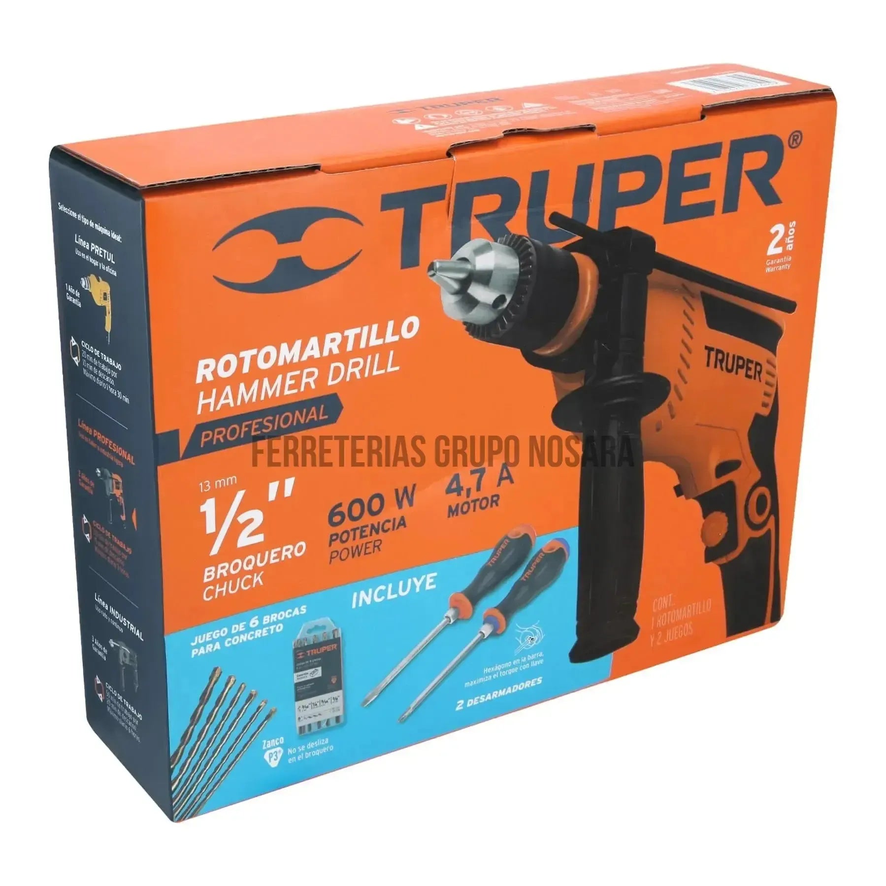 Rotomartillo 1/2" 650 W, 6 brocas y 2 desarmadores, Truper / 100291-