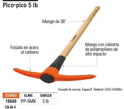 Pico 5 lb con mango de 36', Truper / 18649-