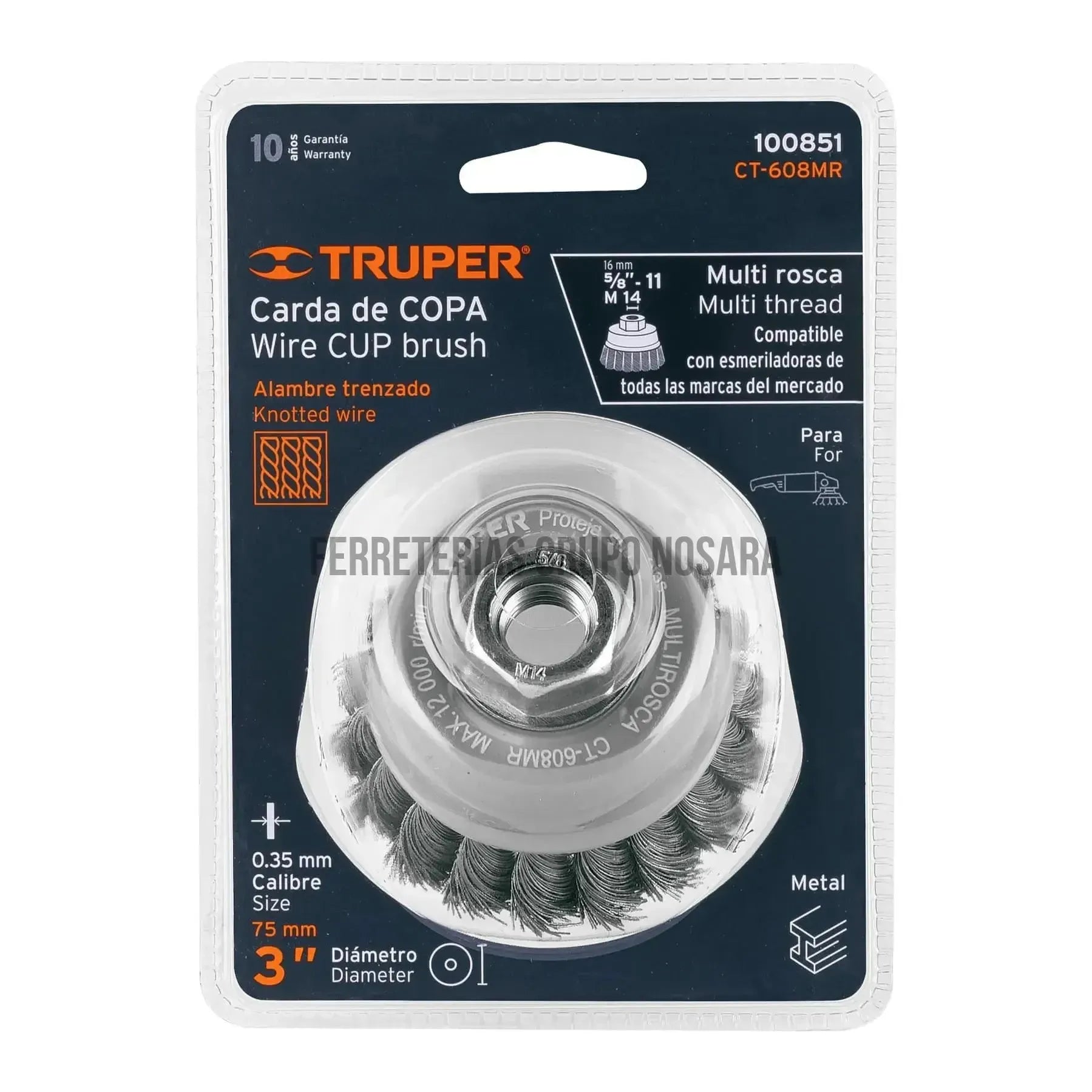 Carda copa 3" alambre trenzado fino, Multi-rosca TRUPER / 100851-