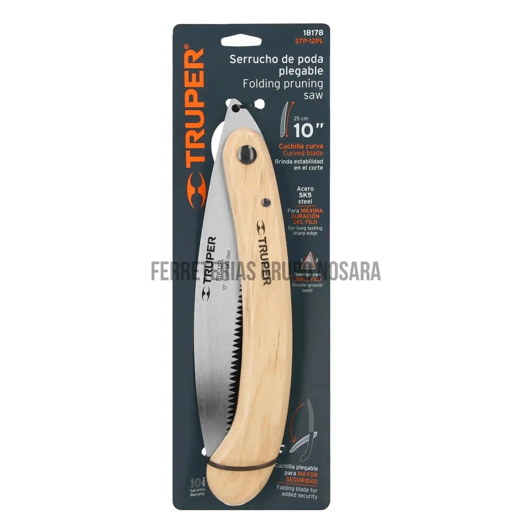 Serrucho plegable 10" hoja curva 6 DPP, mango madera, Truper / 18178-