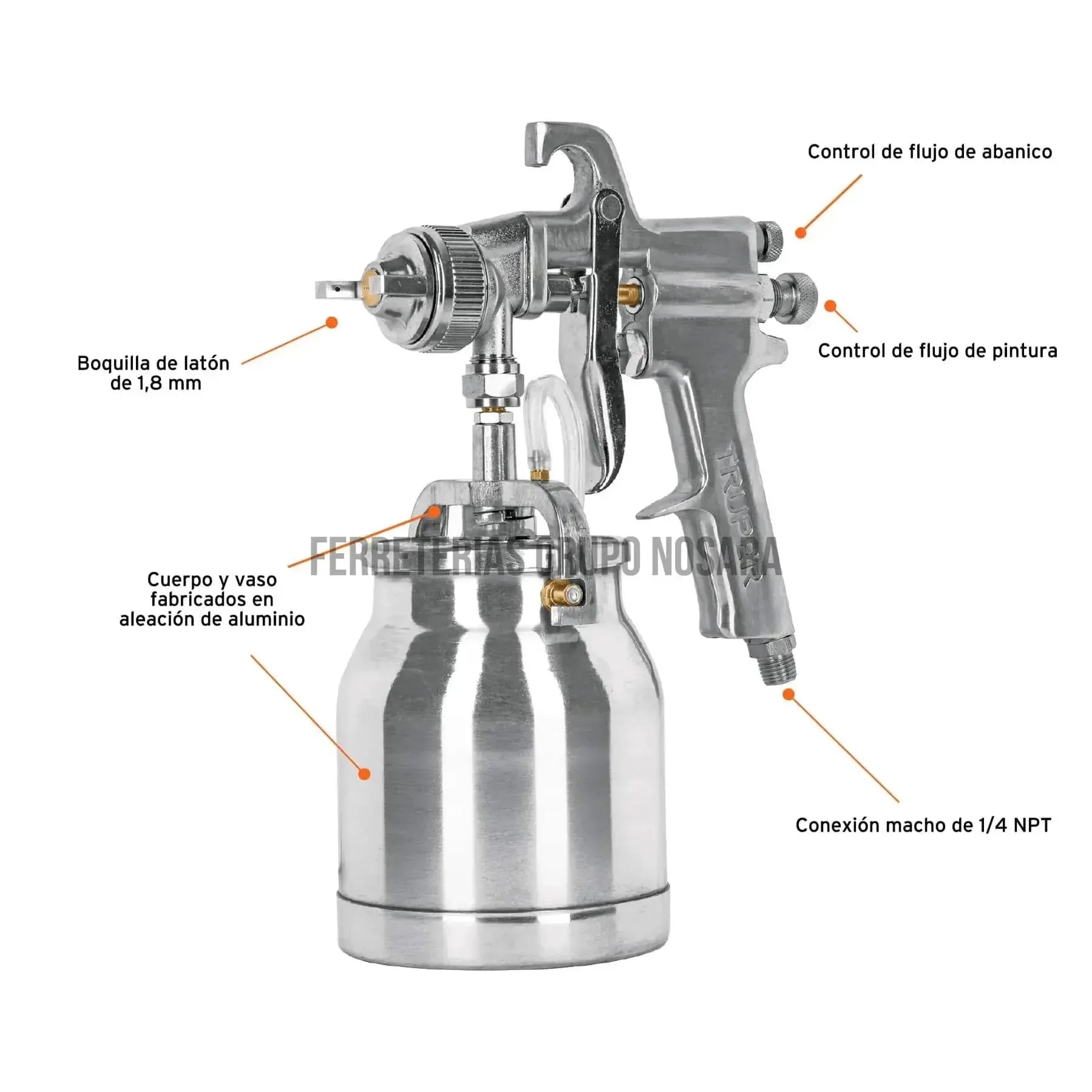 Pistola p/pintar succión HVHP vaso alum, 1.8mm, 2 vál Truper / 14087-
