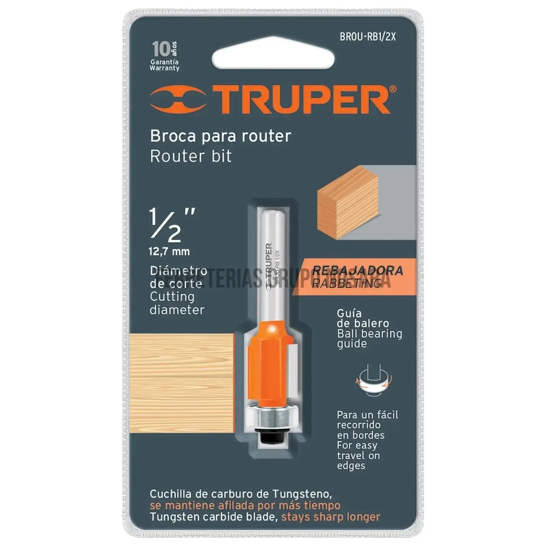 Broca para router, corte recto, 1/2' con balero, Truper / 11444-