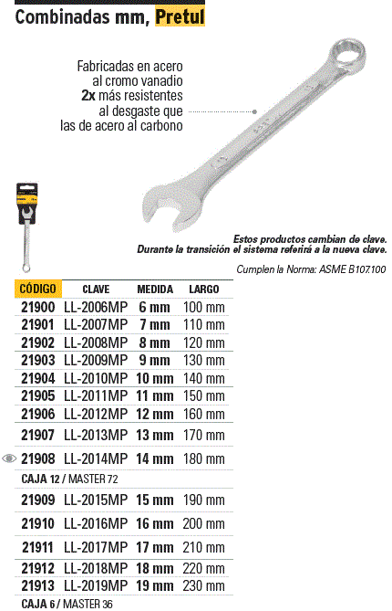 Llave combinada 12 mm x 160 mm de largo, Pretul / 21906-
