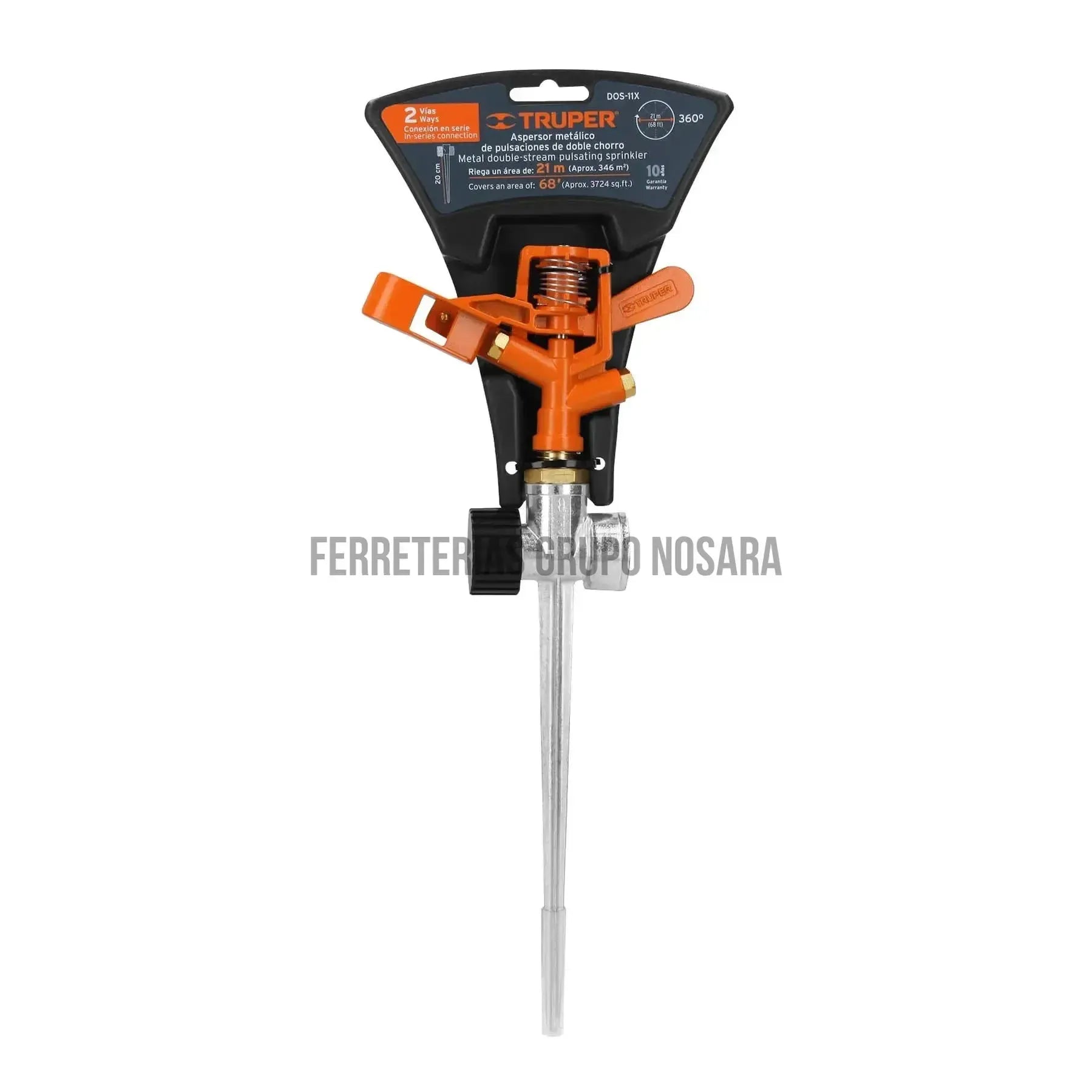Aspersor metálico dos vías, estaca metálica de 11', Truper / 10330-
