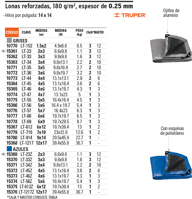 TRUPER LONA REFORZADA GRIS 3X4MT LT-34-