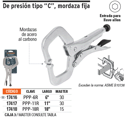Pinza de presión 11' tipo 'C' con mordaza fija, Truper / 17417-