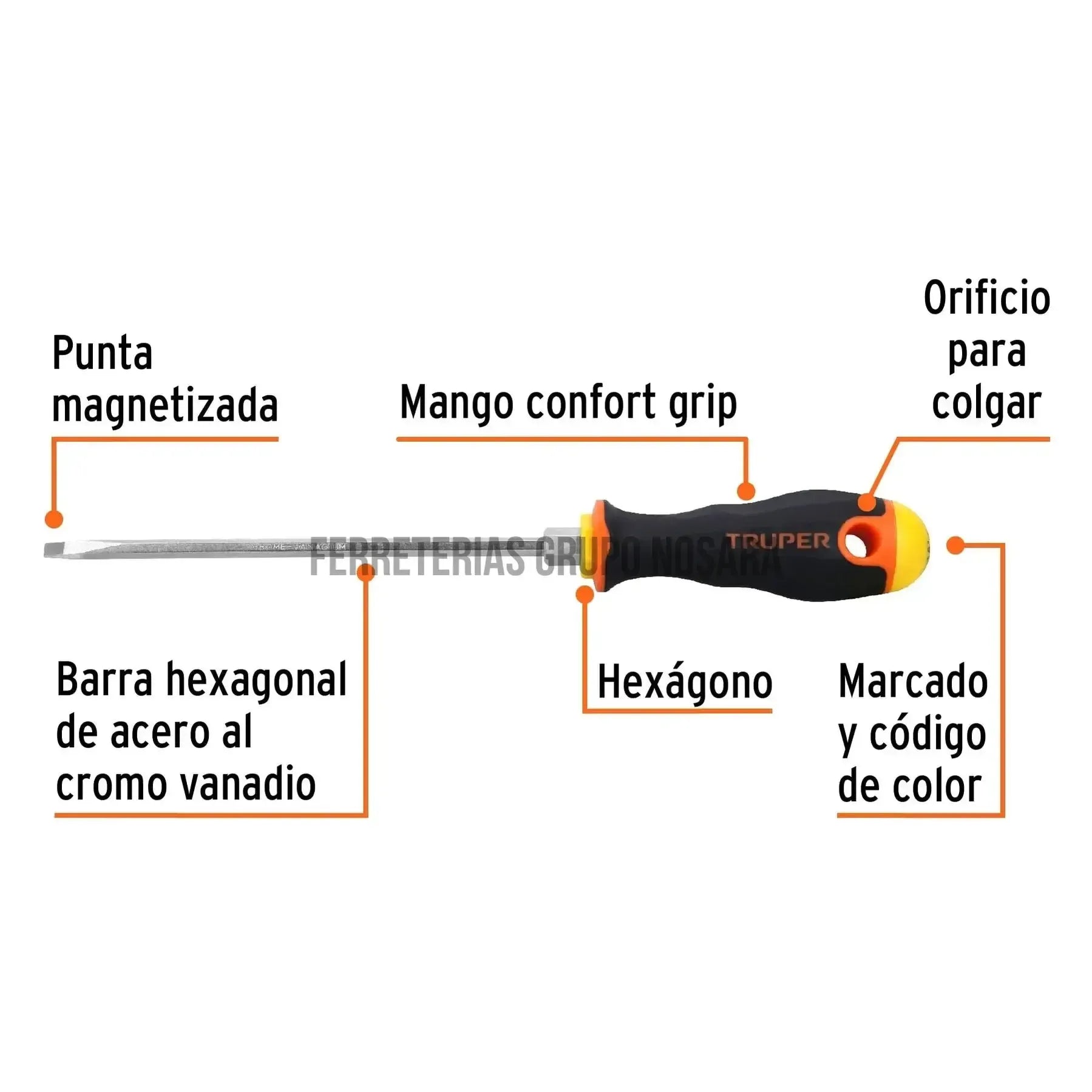 Desarmador cabinet 3/16" x 6" mango Comfort Grip, Truper / 14040-