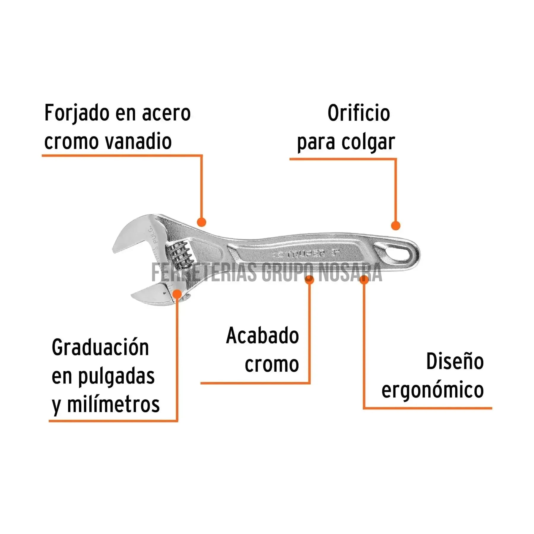 Llave ajustable (perico) 8" profesional cromada, Expert / 15506-