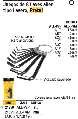 Juego de 8 llaves allen mm punta hex tipo llavero, Pretul / 21851-